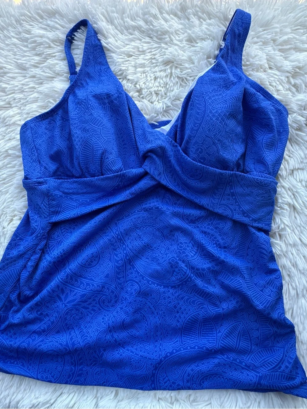 Swim Solutions Blue Textured Paisley Tankini Top - Picture 6 of 9
